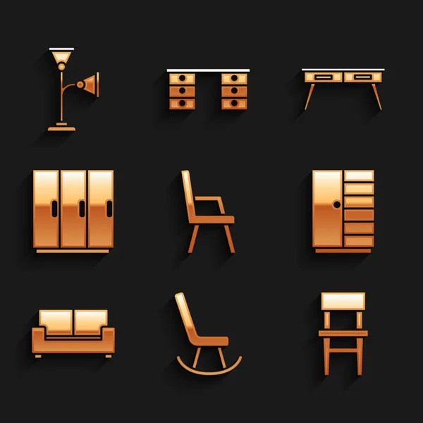Set fåtölj, stol, garderob, soffa, skrivbord och golvlampa ikon. Vektor — Stock vektor