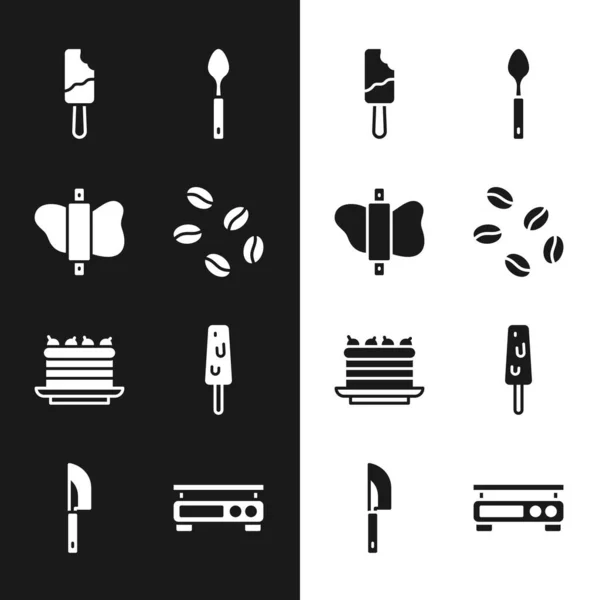 Set Kaffeebohnen, Nudelholz auf Teig, Eis, Löffel, Kuchen, elektronische Waage und Messer-Symbol. Vektor — Stockvektor