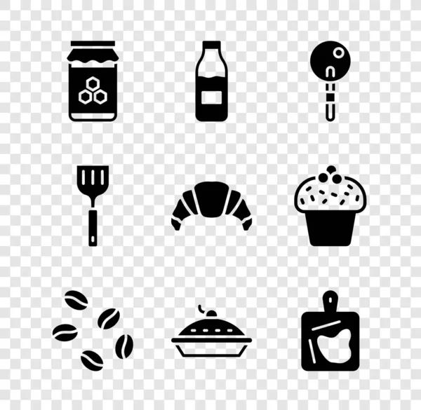 꿀 Jar of honey, Bottle with milk, Lollipop, Coffee beans, Homemade pie, Cutting board, Spatula, Croissant icon. Vector — 스톡 벡터