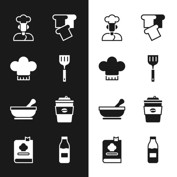 Set Spachtel, Kochmütze, Koch, Brottoast, Mörser und Stößel, Kaffeetasse go, Flasche mit Milch und Kochbuch-Symbol. Vektor — Stockvektor