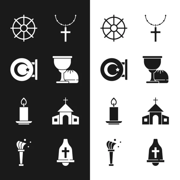 Set Holy grail or chalice, Star and crescent, Dharma wheel, Christian cross on chain, Burning candle, Church building, bell and Aspergillum icon. Vector — Stock Vector