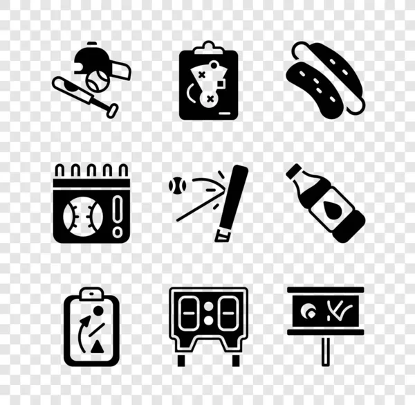 Set Honkbalknuppel met bal, hoed, Planning strategie, Hotdog sandwich, mechanisch scorebord, Kalender honkbal spel en pictogram. Vector — Stockvector