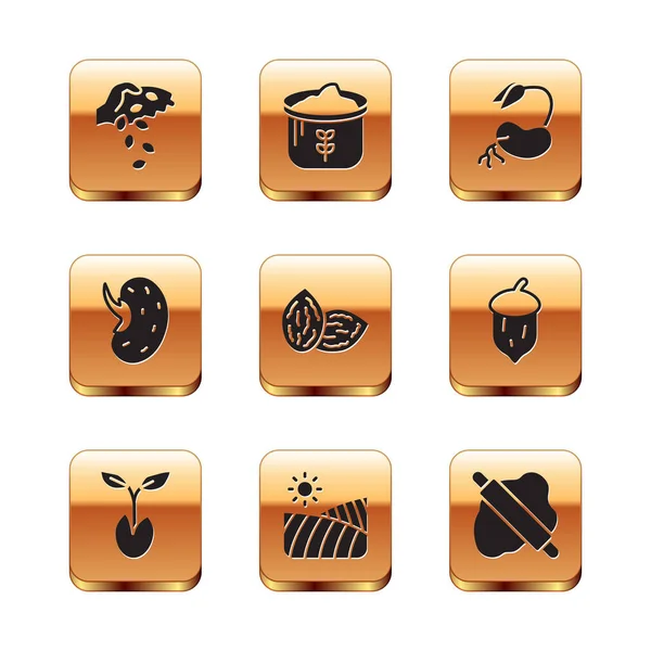 Set Zaad, Sprout, Landbouw tarweveld, Rolling pin op deeg en Zak van bloem pictogram. Vector — Stockvector