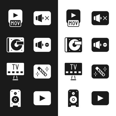 Hoparlörü sessize al, vinil diski olan vinil oynatıcı, MOV dosyası, Smart Tv, Fotoğraf rötuşlaması, Play düğmesi ve Stereo hoparlör simgesini ayarla. Vektör