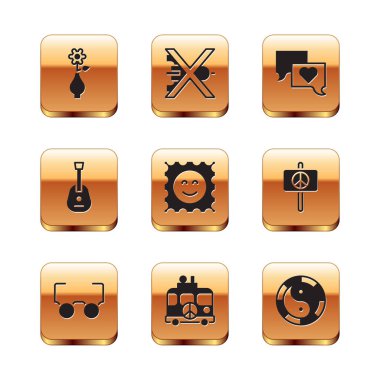 Çiçeği vazoya, gözlüğe, hippi karavana, LSD asit izine, gitara, konuşma baloncuğu sohbetine, Yin Yang sembolüne koyun ve savaş ikonu olmasın. Vektör