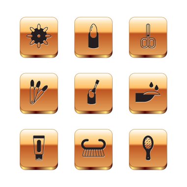 Sahte tırnaklar, el kremi tüpü, pedikür fırçası ya da rende, tırnak manikürü, makas, dosya ve simge. Vektör