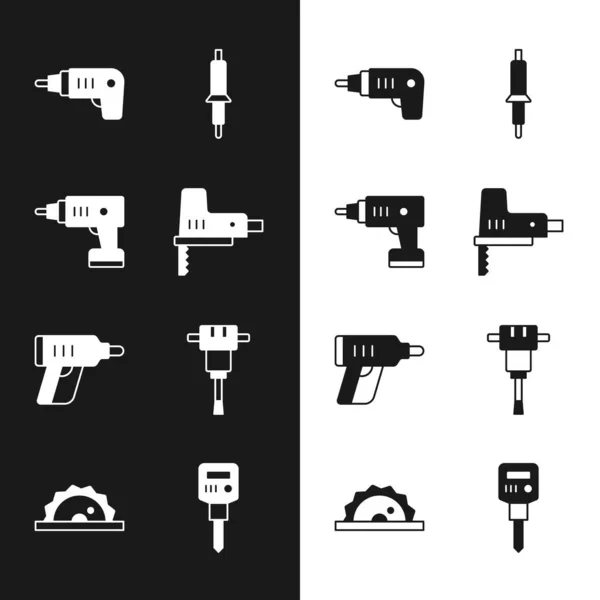 Set Electric jigsaw, cordless screwdriver, Soldering iron, Construction jackhammer, and circular icon. Vector — Stock Vector