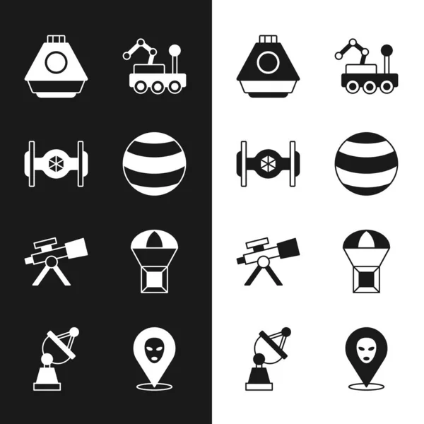 Set Planet, kosmisches Schiff, Raumkapsel, Mars-Rover, Teleskop, Box fliegen am Fallschirm, Alien und Satellitenschüssel Symbol. Vektor — Stockvektor