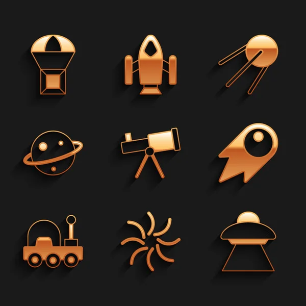 Set Telescope, Black hole, UFO flying spaceship, Comet falling down fast, Mars rover, Planet Saturn, Satellite and Box on parachute icon. Vector — Stock Vector