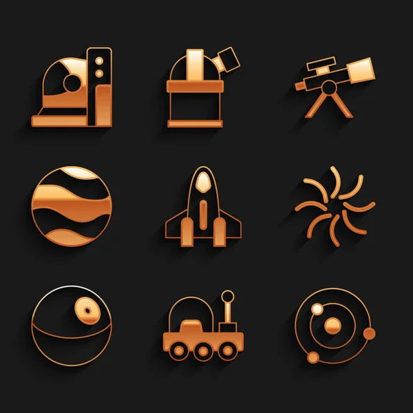 Conjunto Cohete nave, Mars rover, sistema solar, agujero negro, planeta, telescopio y astronauta icono del casco. Vector — Vector de stock