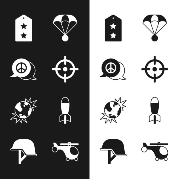 Set Target sport, Peace, Military rank, Parachute, Bomb explosive planet earth, Rocket launcher, Helicopter and helmet icon. Vector — Stock Vector