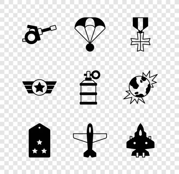 Set Howitzer, parachute, médaille de récompense militaire, grade, avion, chasseur à réaction, étoile militaire américaine et icône de grenade à fumée de main. Vecteur — Image vectorielle