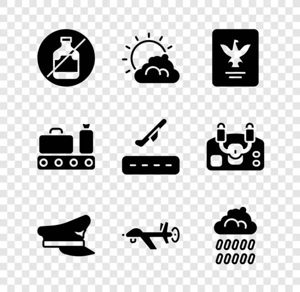 Set Sin alcohol, sol y nubes, pasaporte, sombrero piloto, dron UAV, nube con lluvia, maleta de cinta transportadora e icono de despegue de avión. Vector — Vector de stock