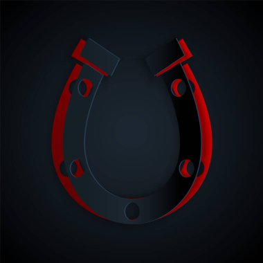 Kağıt kesiği at nalı simgesi siyah arkaplanda izole edilmiş. Kağıt sanatı tarzı. Vektör.