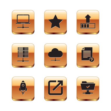 Bilgisayar ağını ayarla, Ateşli Roket Gemisi, Yeni pencerede Aç, Ağ Bulutu bağlantısı, Sunucu, Data, Web Sunucu ve Yükleme simgesi. Vektör