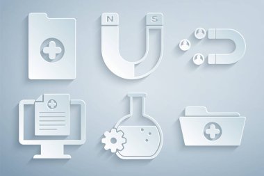 Biyomühendisliği, müşteri çekmeyi, klinik kayıtları monitörde, sağlık klasöründe, mıknatıs ve simgede ayarla. Vektör