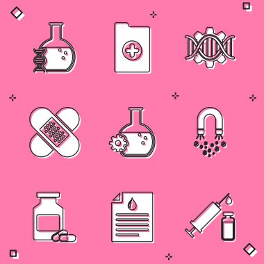 DNA araştırması, arama, klinik kaydı, genetik mühendislik, çapraz bandaj sıvası, para ikonlu biyomühendislik ve mıknatıs ayarlayın. Vektör