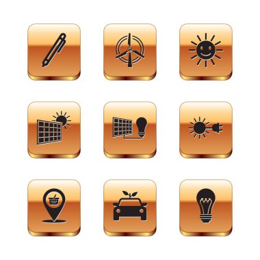 Set Pen, konum alışveriş septi, Eco araba konsept sürücüsü, güneş enerjisi paneli ve ampul, güneş, gülümsemeli şirinlik, hafif ve dönen rüzgar türbini ikonu. Vektör