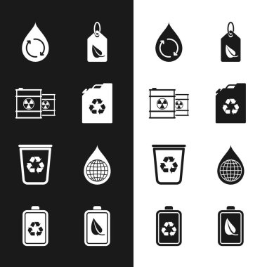 Eko yakıt bidonu, varilde radyoaktif atık, temiz su geri dönüşümü, yapraklı etiket, çöp geri dönüşümü, Dünya gezegeni su damlası, doğa ve pil ve pil ikonu. Vektör