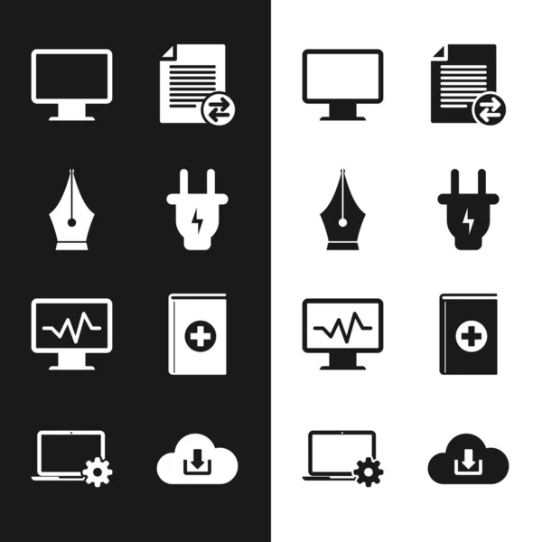 Set Elektrische Stekker Fontein Pen Computer Monitor Scherm Transfer Bestanden — Stockvector