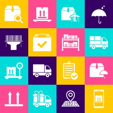 Uygulama takibi, teslimat paketi şemsiyesi, kamyon kutuları, uçak ve karton, paket kontrol işareti, tarayıcı tarama barkodu, Arama ve Depo simgesi ile Mobil 'i ayarla. Vektör