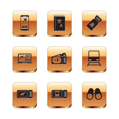 Cep telefonunu bilet, havayolu, otobüs, dizüstü bilgisayar, müze, dürbün ve çevirmen kitap ikonu ile ayarla. Vektör