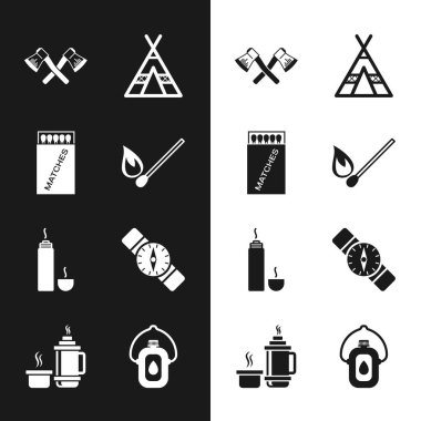 Ateşle kibrit yakma kibriti, kibrit kutusu ve kibrit, çapraz ahşap balta, turist çadırı, termos konteynırı, pusula, kantin su şişesi ve ikon. Vektör