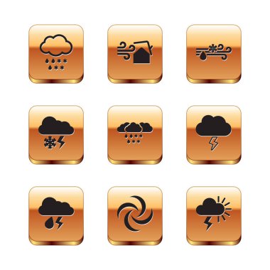Bulut 'u kar ve yağmurla donat, şimşek, kasırga, rüzgar, fırtına ve girdap ikonu. Vektör