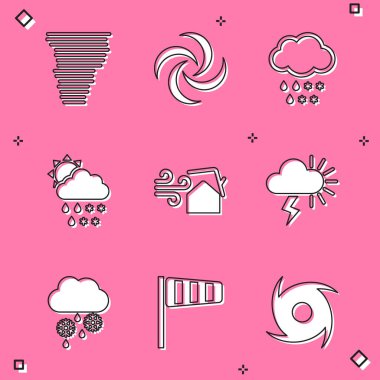 Karlı ve yağmurlu Tornado, Bulut, kar, yağmur, güneş, girdap, fırtına ve koni rüzgar gülü ikonu. Vektör