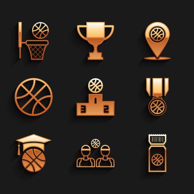 Sports şampiyonu podyumu, basketbol oyuncuları, maç bileti, madalya, antrenman, basketbol ve ikonlu konum. Vektör