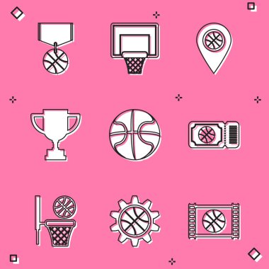 Basketbol madalyası, sedye, basketbol, ödül kupası, maç bileti ve planlama stratejisi ikonu. Vektör