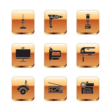 Elektrik süpürgesi, elektrikli testere, radyo, inşaat zımbası, bilgisayar monitörü ve blender simgesini ayarla. Vektör