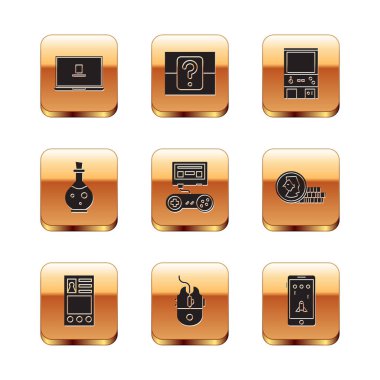 Dizüstü bilgisayarı, hesap ekranını, bilgisayar fare oyununu, oyun konsolunu joystick, şişe sihirli iksiri, Retro oyun makinesi, mobil ve oyun ve Gizem ve rastgele kutu simgesi ile ayarla. Vektör