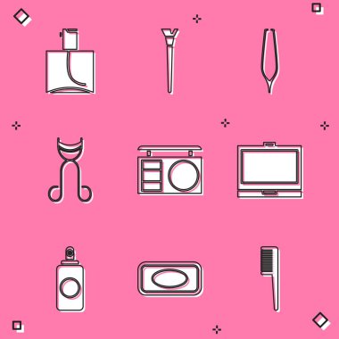 Parfüm, makyaj fırçası, kaş cımbızı, kirpik bigudisi, gölge paleti, aynalı toz sprey kutusu ve sabun ikonu. Vektör