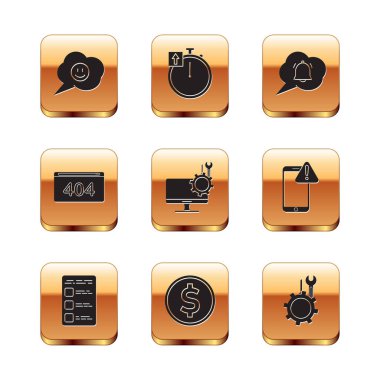 Gülen suratlı konuşma baloncuğu, madeni para doları, bilgisayar monitörü servisi, sayfa 404 hatası, sohbet bildirimi, anahtarlık ve tornavida teçhizatı ve Stopwatch simgesi ile ayarla. Vektör