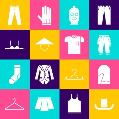 Set Man şapkası, Noel eldiveni, pantolon, kar maskesi, Asya koniği, sutyen ve Polo tişört ikonu. Vektör