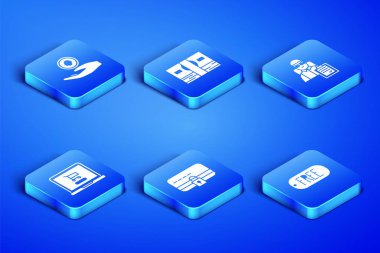 Price etiketini Metinsiz, El 'in elinde bozuk para, kredi kartı kilidi, alışveriş arabası dizüstü bilgisayarı, deste kağıt para ve karton kutu ikonu ile ayarla. Vektör