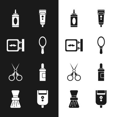 El aynası, berber dükkanı, şampuan şişesi, elektrikli saç tıraş makinesi, makas kuaförü, bıyık bakım şişesi, erkekler için tıraş bıçağı ve tıraş fırçası ikonu. Vektör