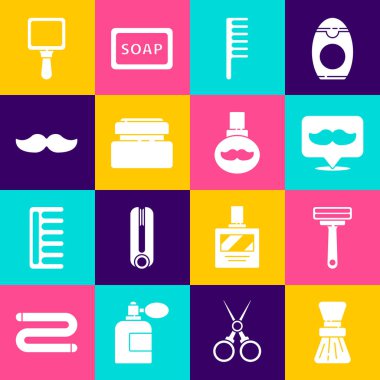 Tıraş fırçası, tıraş bıçağı, berber dükkanı, saç fırçası, krem losyon kozmetik tüpü, bıyık, el aynası ve bıyık yağ şişesi ikonu. Vektör