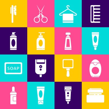 Krem veya losyon kozmetik tüpü, bir şişe şampuan, havlu askısı, tıraş köpüğü, saç fırçası ve ikon. Vektör