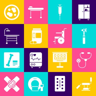 Tıbbi sandalye, steteskop, otoskop, şırınga, ilaç şişesi ve hapları hazırlayın, ameliyat masası, bakterili Petri kabı ve engelli insan simgesi için tekerlekli sandalye. Vektör
