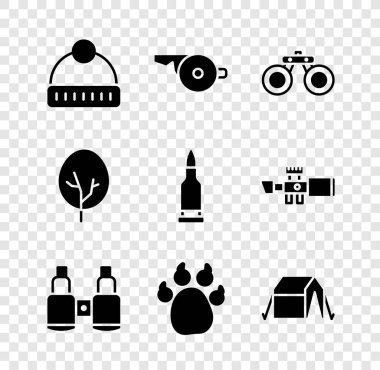 Kış şapkası, düdük, dürbün, pençe izi, turist çadırı, ağaç ve kurşun ikonu. Vektör