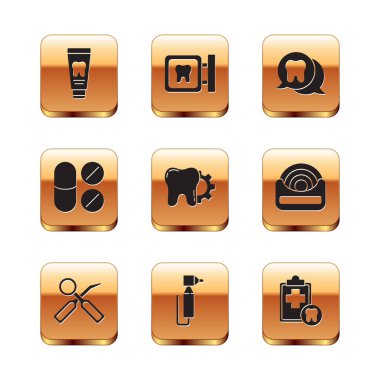 Diş macunu tüpü, diş muayenesi aynası, diş matkabı, tedavi prosedürü, ağrı kesici tableti, kart ve klinik konum ikonu ayarla. Vektör