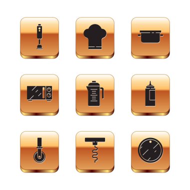 Blender, pizza bıçağı, şarap tirbuşonu, çaydanlık, mikrodalga fırın, pişirme, kesim tahtası ve aşçı şapkası ikonu. Vektör