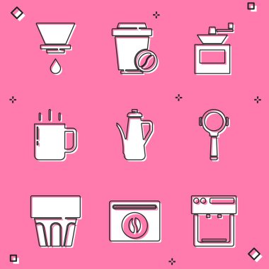 V60 kahve makinesi, kahve fincanı, manuel öğütücü, çaydanlık, filtre tutacağı, suyla birlikte bardak ve poşet fasulye ikonu. Vektör