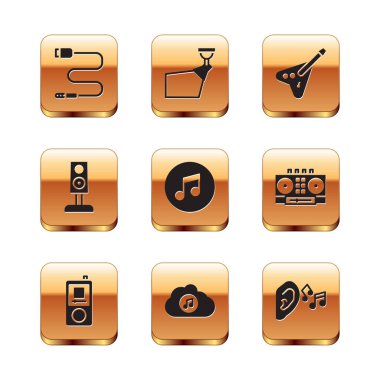 Ses kumandası, müzik çalar, yayın servisi, nota, ton, stereo hoparlör, elektro bas gitar, Ear listen ses sinyali ve Movie spot ikonu. Vektör