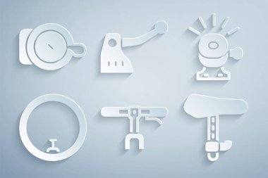 Bisiklet gidonunu, zilini, tekerleğini, koltuğunu, frenini ve ikonunu ayarla. Vektör