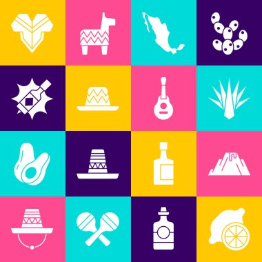 Lemon 'u, volkan patlamasını lav, Agave, Meksika haritası Meksika sombrerosu, Tabasco sosu, panço ve gitar ikonuyla ayarla. Vektör