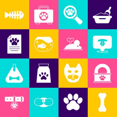 Köpek kemiği, konserve yiyecek, kedi burnu, veteriner kliniği, balıklı akvaryum, klinik kayıt hayvanı, balık iskeleti ve Clockwork fare ikonu. Vektör