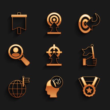 Hedef alın, el ele tutuşan bayrak, madalyalı gezegen arama için büyüteç ve bayrak simgesi. Vektör